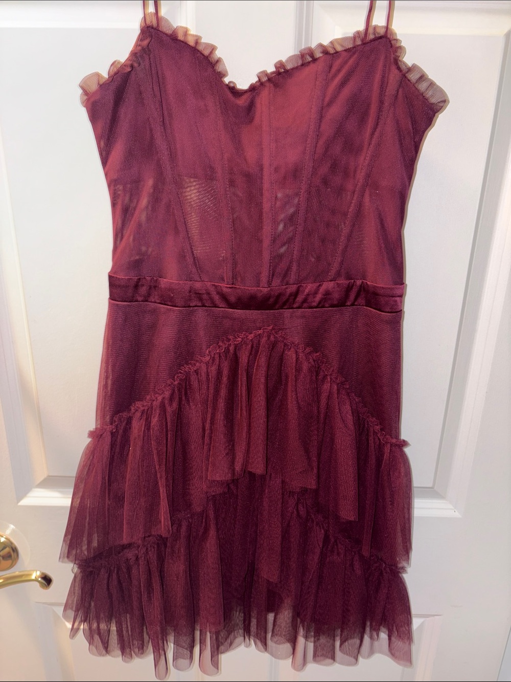 City Studio Burgundy Ruffled Mesh Mini Dress